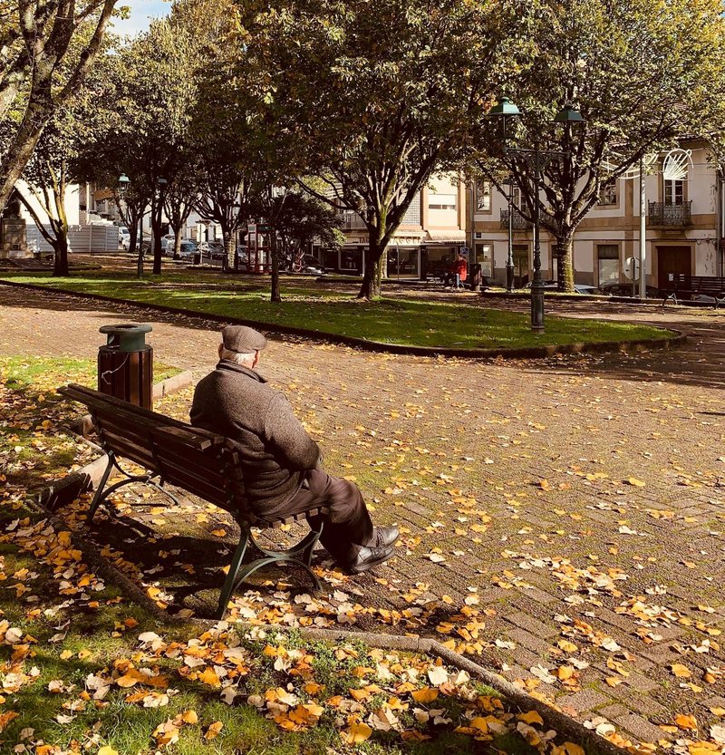 Anziano seduto di spalle su una panchina in un parco in autunno